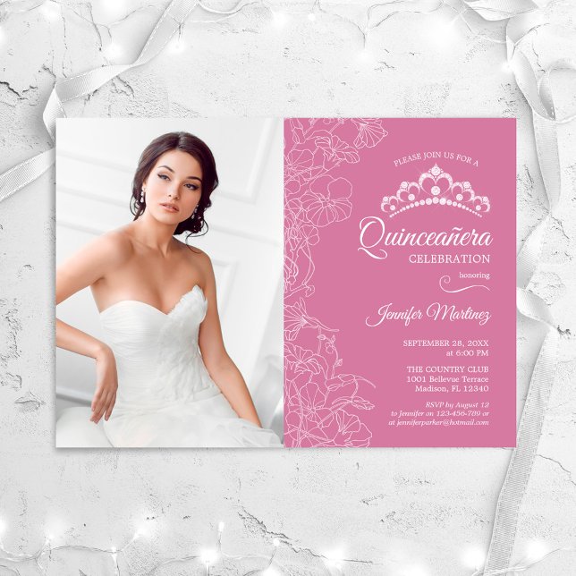 Quinceanera Party With Photo - Pink White Floral Invitation (Creator Uploaded)