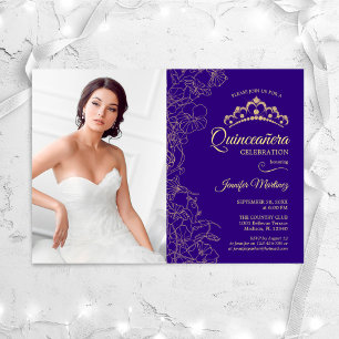 Quinceanera Party With Photo - Purple Gold Floral Invitation