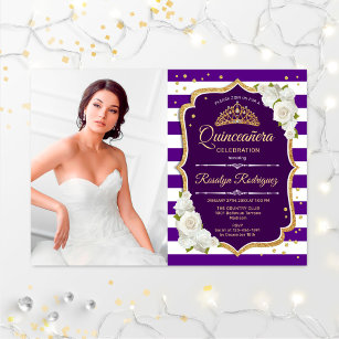 Quinceanera Party With Photo - Purple Gold White Invitation
