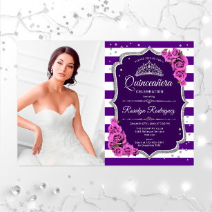 Quinceanera Party With Photo - Purple Silver Invitation