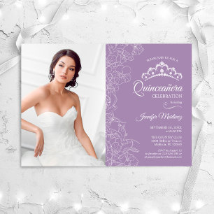 Quinceanera Party With Photo - Purple White Floral Invitation