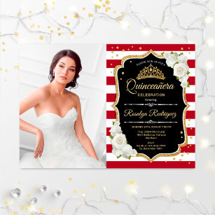 Quinceanera Party With Photo - Red Black Gold Invitation