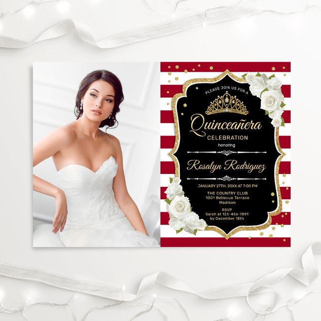 Quinceanera Party With Photo - Red Black Gold Invitation (Creator Uploaded)