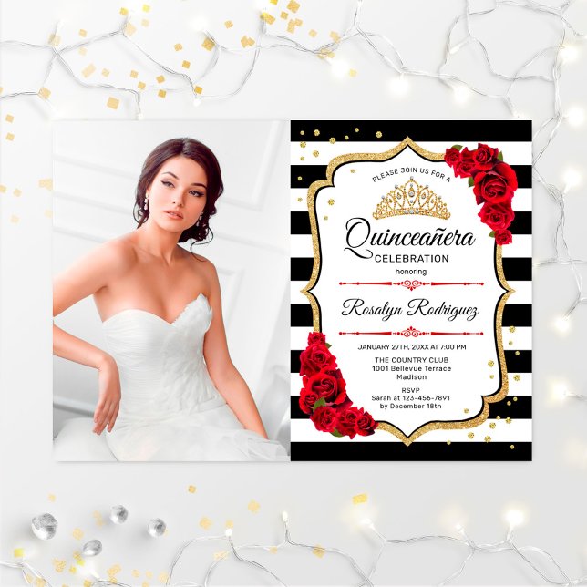 Quinceanera Party With Photo - Red Gold Black Invitation (Creator Uploaded)