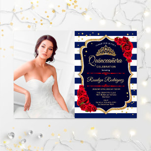 Quinceanera Party With Photo - Red Gold Navy Invitation