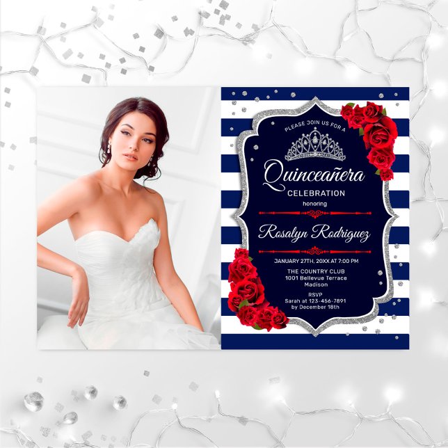 Quinceanera Party With Photo - Red Silver Navy Invitation (Creator Uploaded)