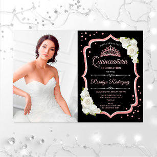 Quinceanera Party With Photo - Rose Gold Black Invitation