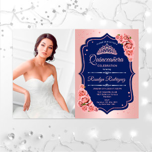 Quinceanera Party With Photo - Rose Gold Navy Invitation