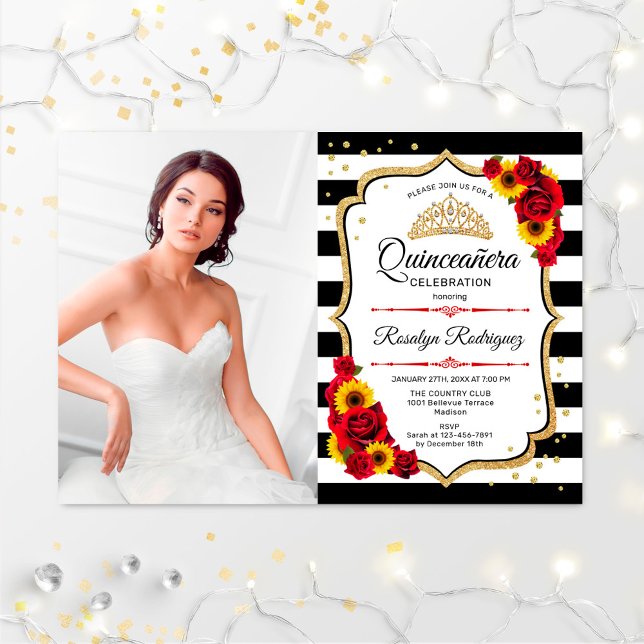 Quinceanera Party With Photo - Roses Sunflowers Invitation (Creator Uploaded)