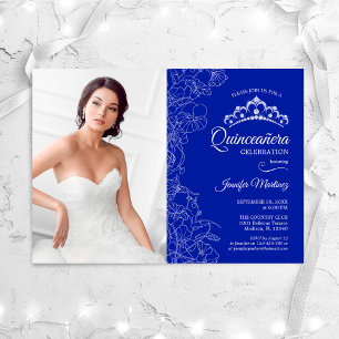 Quinceanera Party With Photo - Royal Blue Floral Invitation
