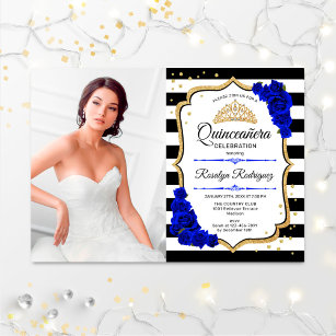 Quinceanera Party With Photo - Royal Blue Gold Invitation