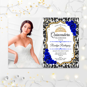 Quinceanera Party With Photo - Royal Blue Gold Invitation