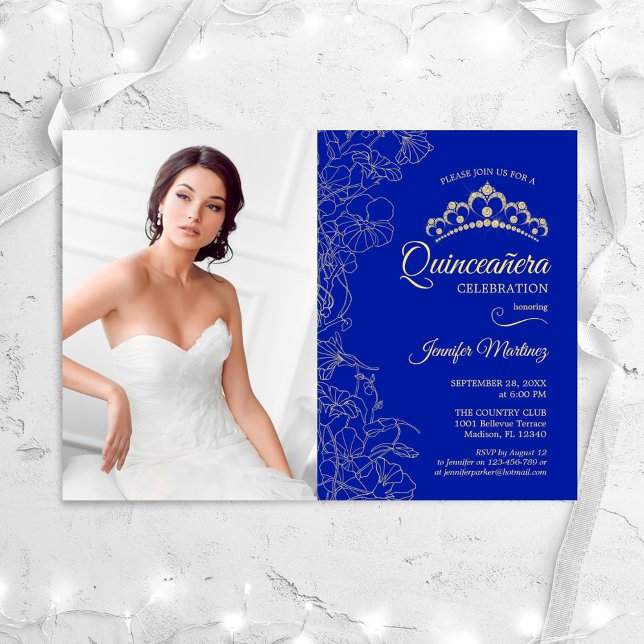 Quinceanera Party With Photo - Royal Blue Gold Invitation (Creator Uploaded)