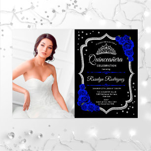 Quinceanera Party With Photo - Royal Blue Silver Invitation
