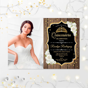 Quinceanera Party With Photo - Rustic Wood Gold Invitation