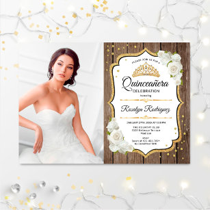Quinceanera Party With Photo - Rustic Wood Gold Invitation