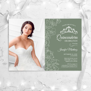 Quinceanera Party With Photo - Sage Green Floral Invitation