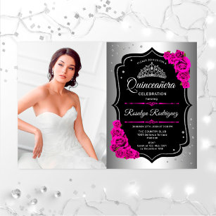 Quinceanera Party With Photo - Silver Black Pink Invitation
