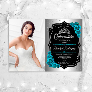 Quinceanera Party With Photo - Silver Black Teal Invitation