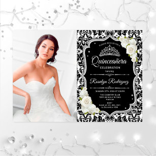 Quinceanera Party With Photo - Silver Black White Invitation