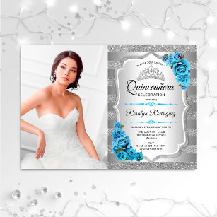 Quinceanera Party With Photo - Silver Icy Blue Invitation