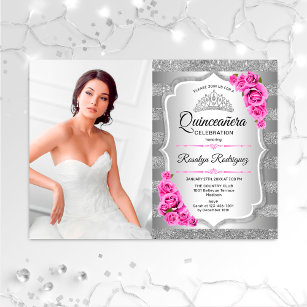 Quinceanera Party With Photo - Silver Pink Invitation