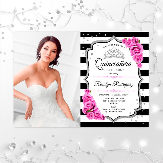 Quinceanera Party With Photo - Silver Pink White Invitation (Creator Uploaded)