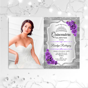 Quinceanera Party With Photo - Silver Purple Invitation