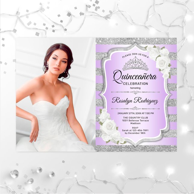 Quinceanera Party With Photo - Silver Purple Invitation (Creator Uploaded)