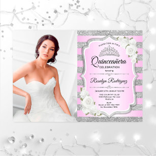 Quinceanera Party With Photo - Silver Purple Pink Invitation