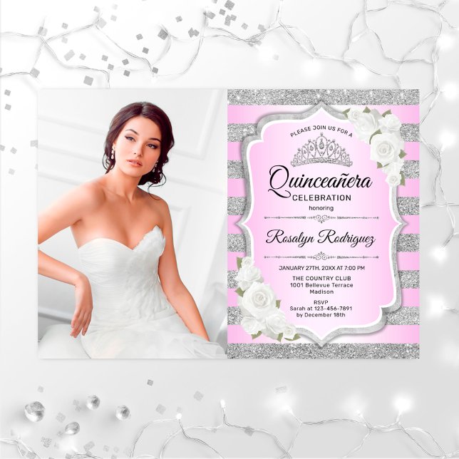 Quinceanera Party With Photo - Silver Purple Pink Invitation (Creator Uploaded)