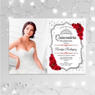 Quinceanera Party With Photo Silver Red Invitation