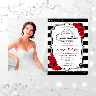 Quinceanera Party With Photo - Silver Red White Invitation