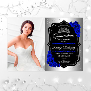Quinceanera Party With Photo - Silver Royal Blue Invitation