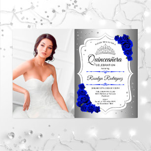 Quinceanera Party With Photo - Silver Royal Blue Invitation