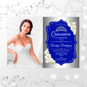 Quinceanera Party With Photo - Silver Royal Blue Invitation