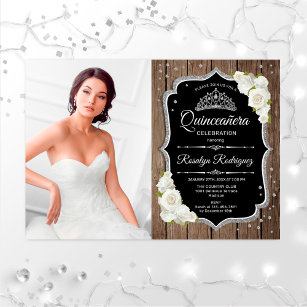 Quinceanera Party With Photo - Silver Rustic Wood Invitation