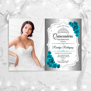 Quinceanera Party With Photo - Silver Teal White Invitation