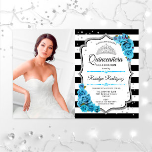 Quinceanera Party With Photo - Silver Turquoise Invitation
