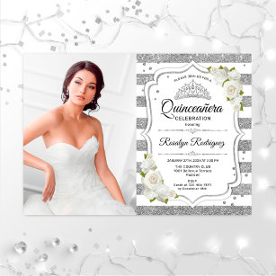Quinceanera Party With Photo - Silver White Invitation