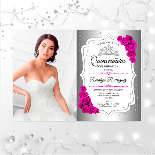 Quinceanera Party With Photo - Silver White Pink Invitation