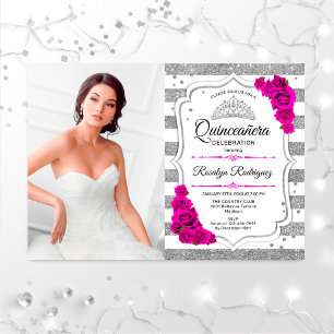 Quinceanera Party With Photo - Silver White Pink Invitation