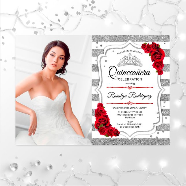 Quinceanera Party With Photo - Silver White Red Invitation (Creator Uploaded)