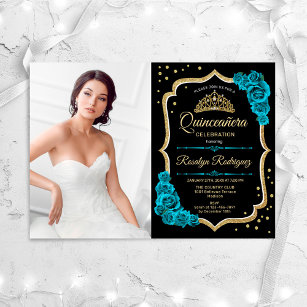 Quinceanera Party With Photo - Teal Black Gold Invitation