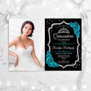 Quinceanera Party With Photo - Teal Black Silver Invitation