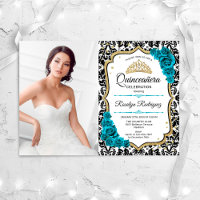 Quinceanera Party With Photo - Teal Gold Black