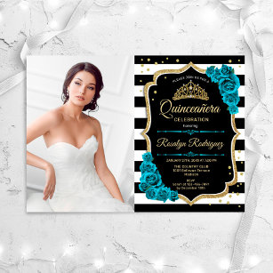 Quinceanera Party With Photo - Teal Gold Black Invitation