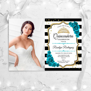 Quinceanera Party With Photo - Teal Gold White Invitation