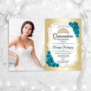 Quinceanera Party With Photo - Teal Gold White Invitation