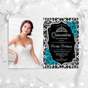 Quinceanera Party With Photo - Teal Silver Black Invitation